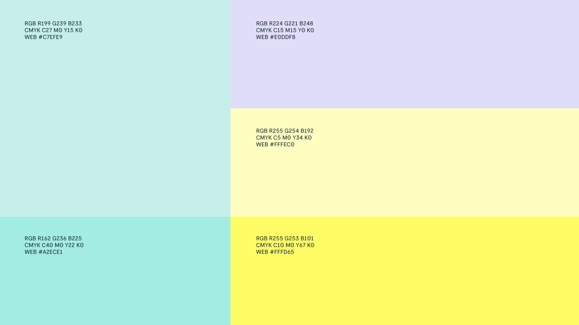 Gama cromática secundaria, basada en tonos pastel donde predominan el verde y el amarillo, y en menor medida, el morado.